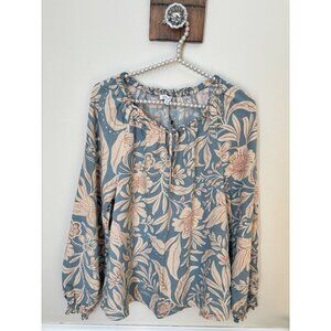 Patrons of Peace Womens Size XS Floral Long Sleeve Blouse Blue Tan Ruffle Trim
